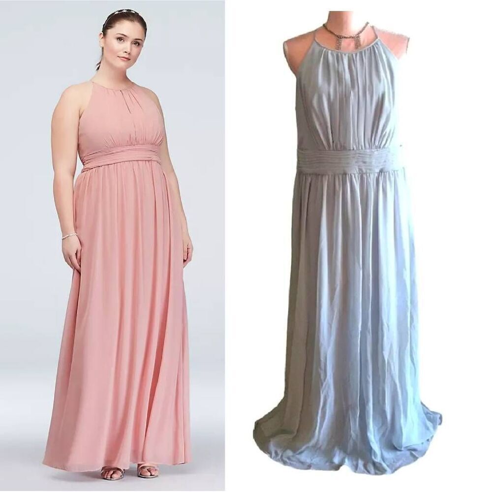 David's Bridal Grey High Neck Chiffon Formal Maxi Dress w/ Keyhole Plussize‎ 16